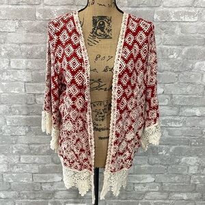 SOLITAIRE Red Rust Crochet Bell Sleeve Cardigan